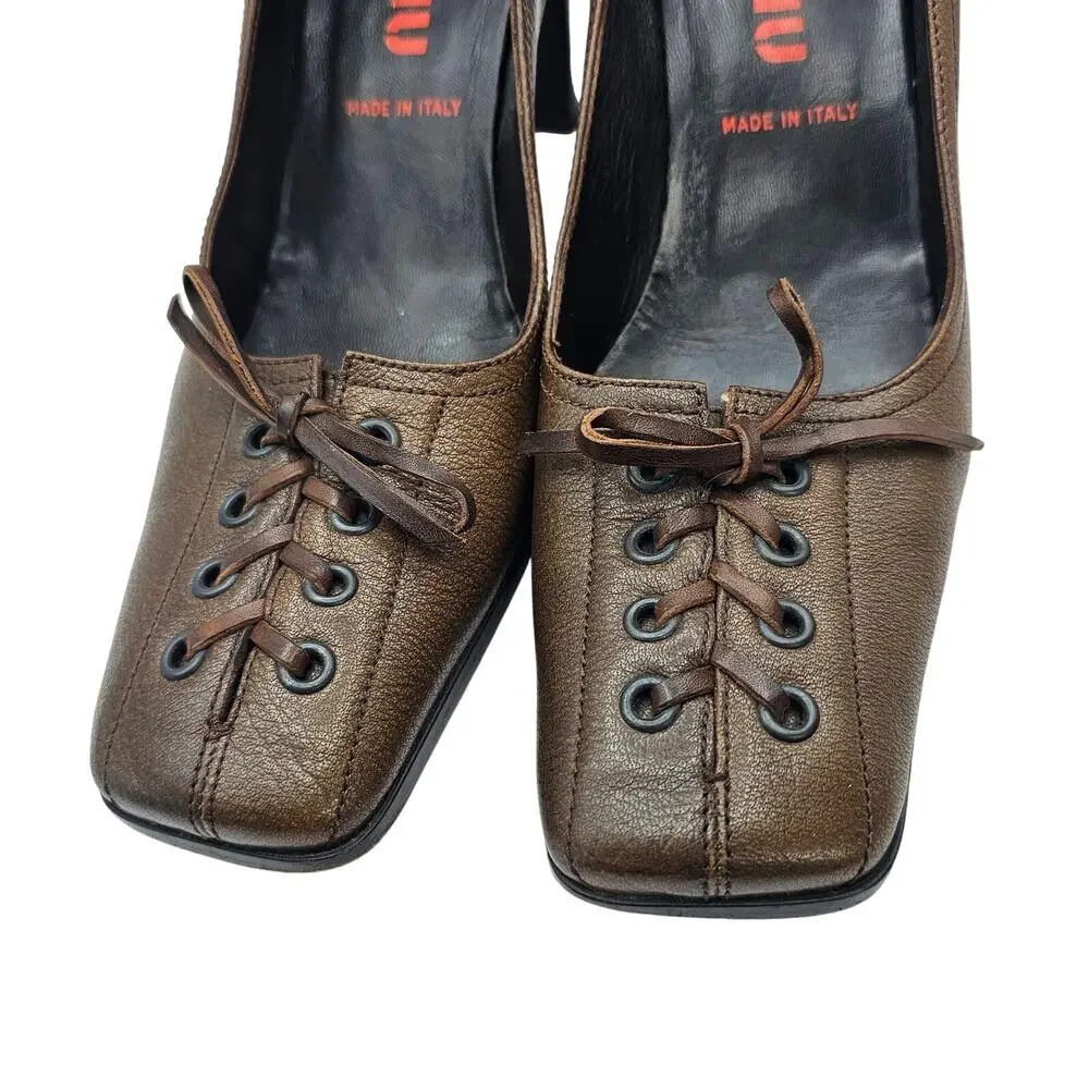 Miu Miu Vintage 90s Brown Leather Lace Up Corset Square Toe Pump Heels 40 9